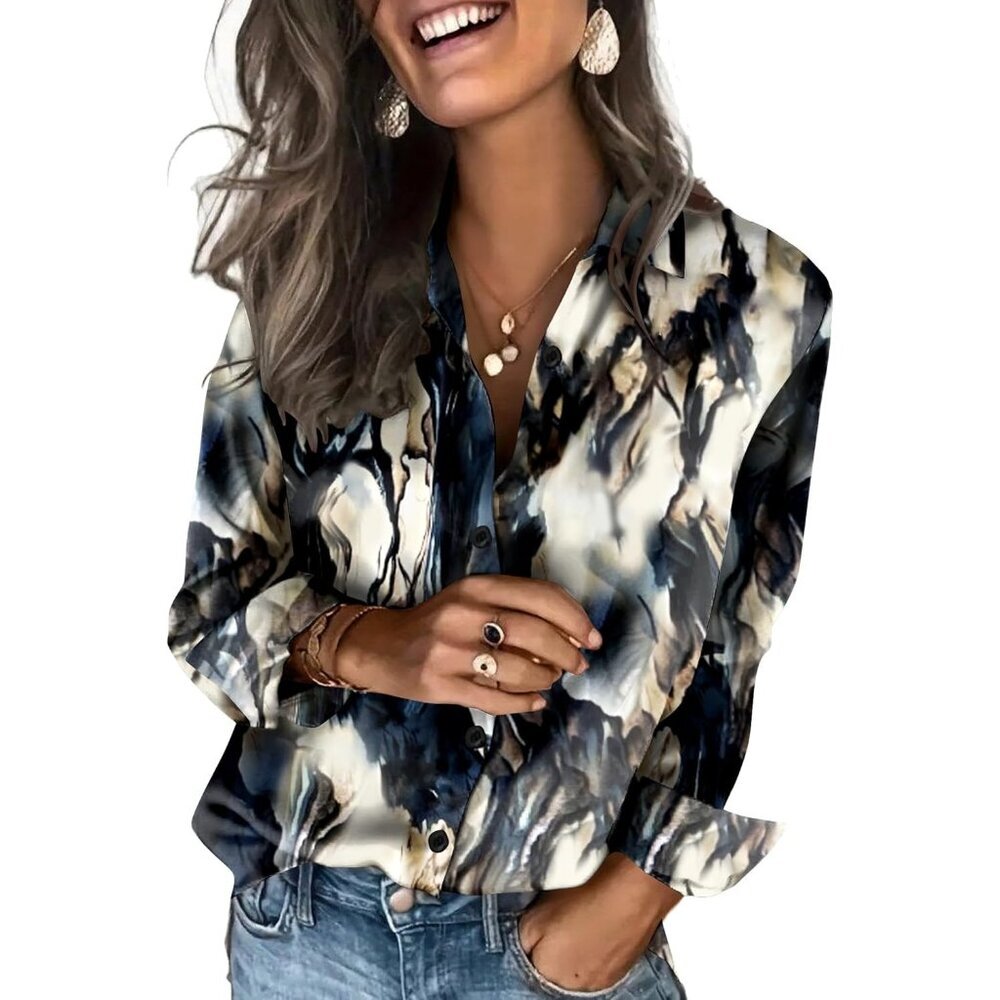 Satin Tie Dye Blouses For Women Silk Button Shirts Long Casual Tops
